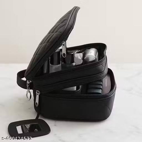 Double layer black quilted makeup organiser bag with mirror