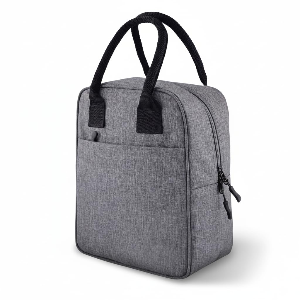 Grey canvas multipurpose tote bag with black handles and front pocket
